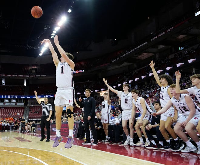 Pewaukee's Owen Hake (1) scores a three pointer during the second half of the WIAA Division 2 boys basketball state semifinal game against West Salem on Friday March 15, 2024 at the Kohl Center in Madison, Wis.
