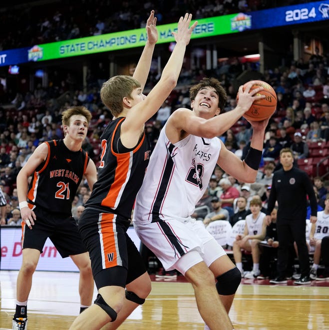 West Salem's Landon Michlig (12) guards Pewaukee's Luka Momcilovic (23) during the second half of the WIAA Division 2 boys basketball state semifinal game on Friday March 15, 2024 at the Kohl Center in Madison, Wis.