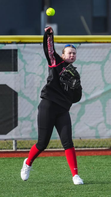 Wauwatosa East center fielder Masey Viste (22) throws one back during the game at Wauwatosa West, Thursday, March 21, 2024.
