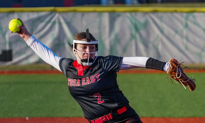Wauwatosa East's Bella Losinski (2) delivers a pitch during the game at Wauwatosa West, Thursday, March 21, 2024. Wauwatosa East won 14-4.