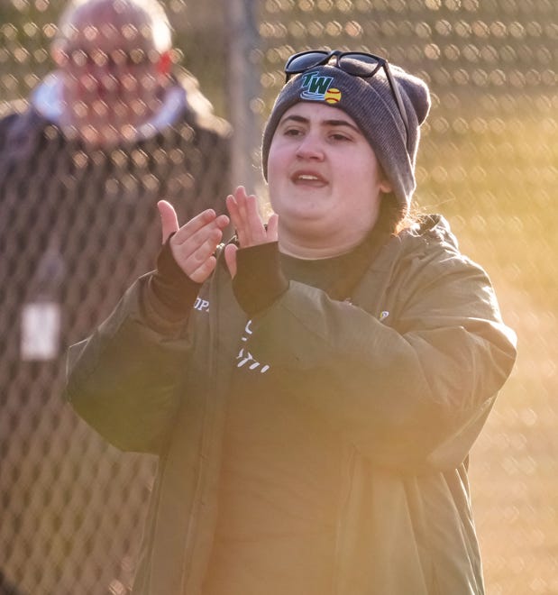 Wauwatosa West head coach McKenzie Brophey follows the action during the game at home against Wauwatosa East, Thursday, March 21, 2024. Wauwatosa East won 14-4.