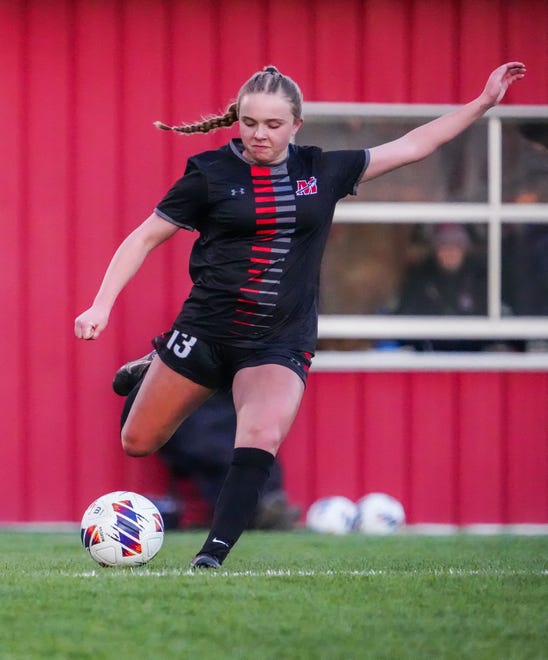 Muskego's Taylor Collins (13) lines up a kick during the match at home against Waunakee, Friday, April 19, 2024.